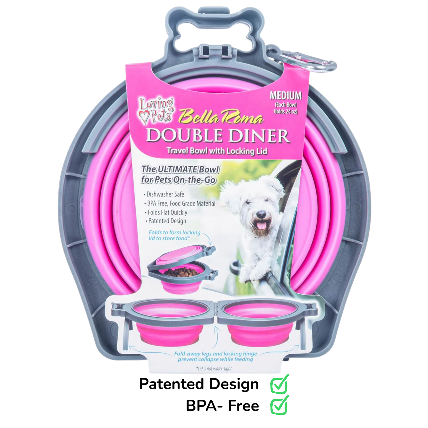 Loving Pets Bella Roma Travel Double Bowl Pink