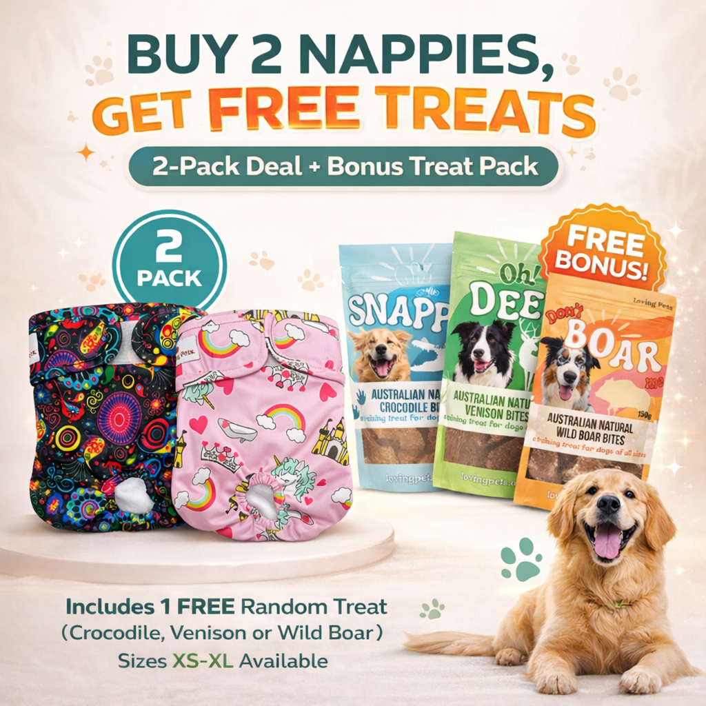 2 Pack(Pink +Purple) Nappies with 1 Random Treat (Boar, Croc, Venison)