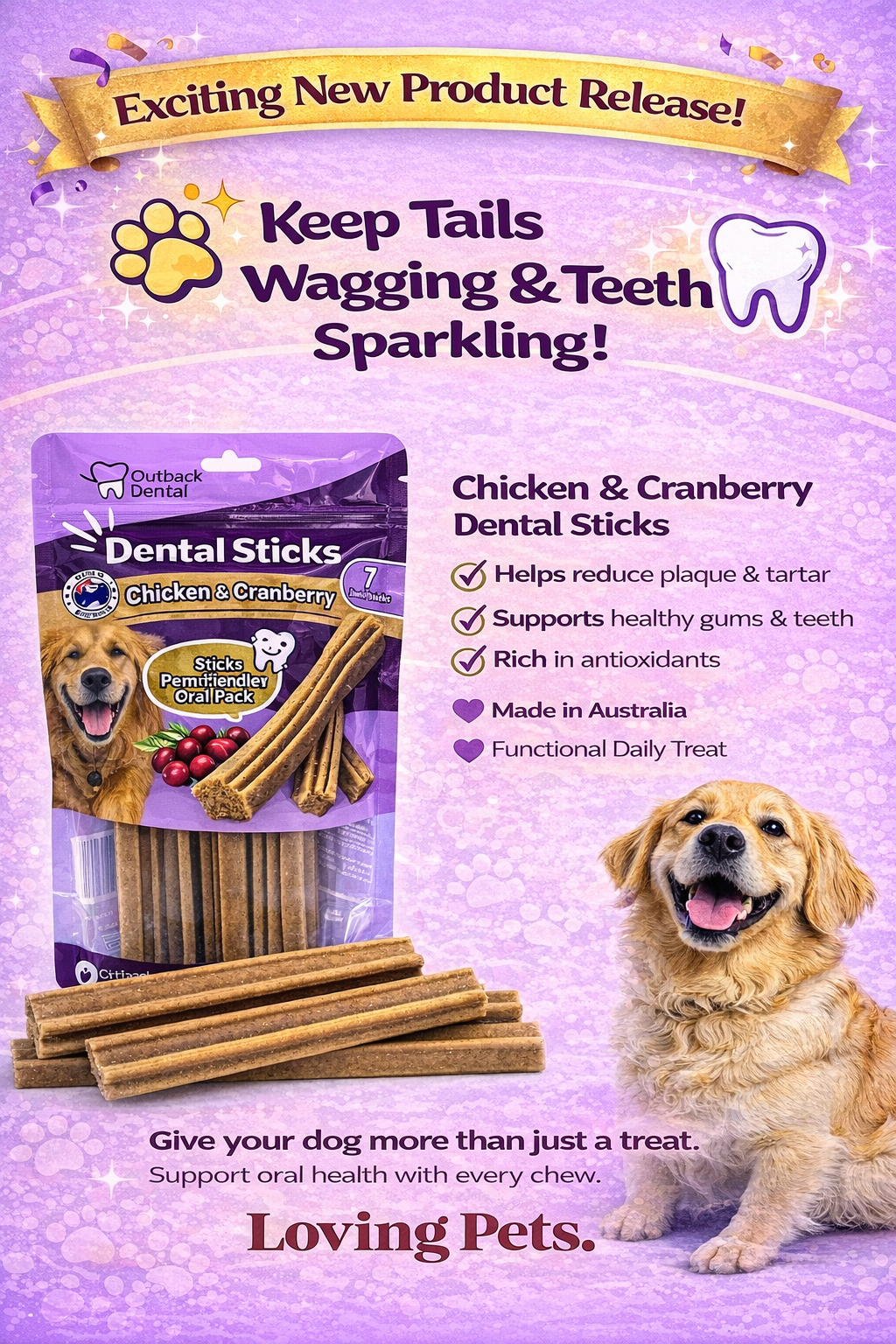 Loving Pets Chicken & Cranberry Dental Sticks 7 Sticks (320g)
