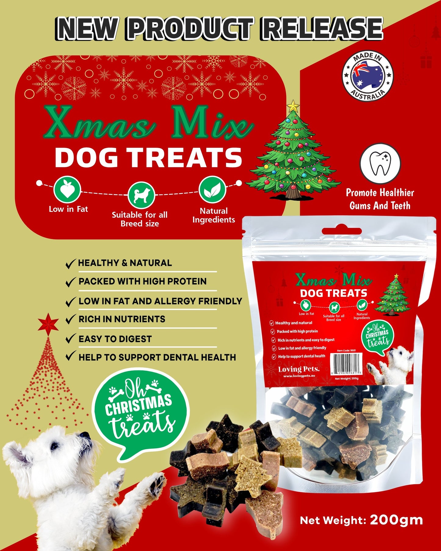 Christmas Mix Dog Treats - Chicken, Beef and Kangaroo in Xmas Tree, Stars & Bell Shapes